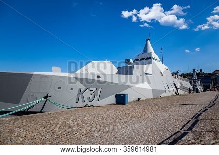 Stockholm, Sweden - June 7, 2013: Summer View Of A Swedish Modern Stealth Warship Moored At The Quay