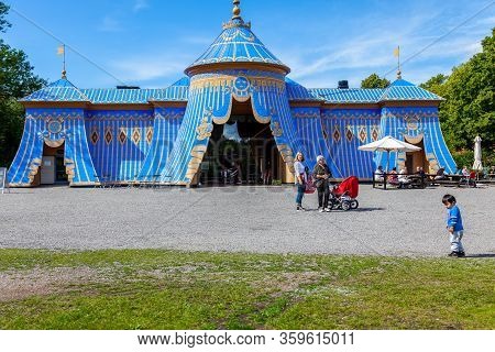Haga, Sweden - July 18, 2012: Front View Of The Old Famous Blue Copper Tent At The Public Park Haga 