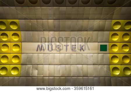 Prague, Czech Republic - September 28, 2014: Closeup Of The Futuristic And Metallic Subway Wall With
