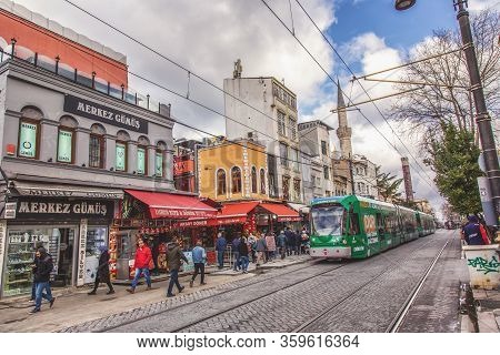 Istanbul, Turkey: Historical City Center And Tram Going Along The Street On February 29, 2020