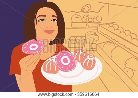 Young Woman Eating Sweet Donuts Near The Refrigerator At Night. Concept Of A Bed Food And Overeating