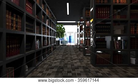 Modern Library Design Consisting Of Black Bookcases With Carpet 3d Rendering