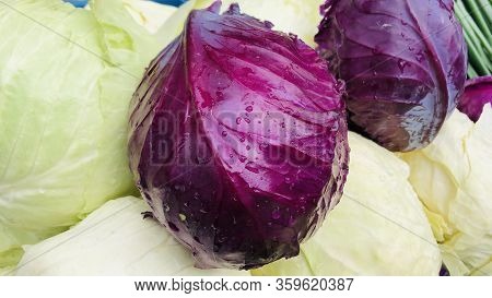 Group Of Red And White Cabbages In A Supermarket, Cabbage Background,