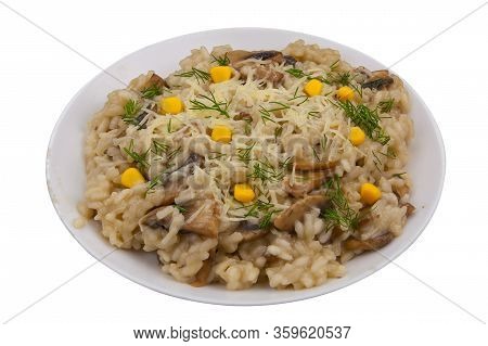 Tasty Appetizing Risotto On A White Plate On A White Background