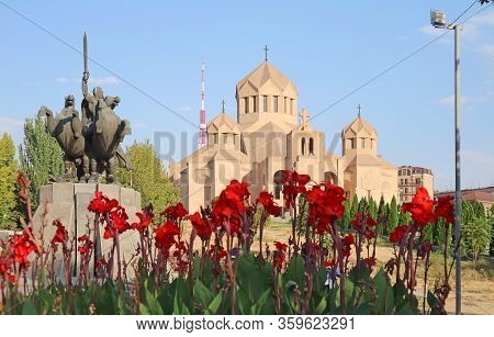 The Saint Gregory The Illuminator Cathedral And The Statue Of Armenian Military Commander Andranik I