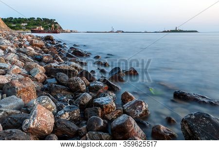 Scenic Sunset Landscape Of Rocky Black Sea Coast By Bolshoy Utrish Village, Anapa, Russia.