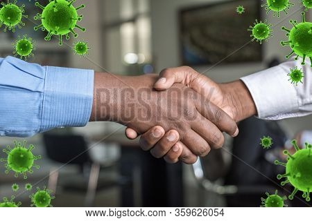 Hand Shake Warning, Hand Shake, World Corona Virus Attack Concept.  Concept Of Fight Against Virus, 