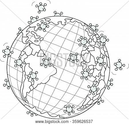 Global Virus Pandemic Disease All Over The Planet, Vector Cartoon Illustration On A White Background