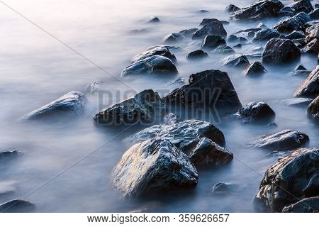 Scenic Long Exposure Close Up Of Rocky Black Sea Coast By Bolshoy Utrish Village, Anapa, Russia.