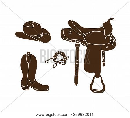 Vector Set Bundle Of Brown Hand Drawn Doodle Sketch Western Cowboy Equipment Isolated On White Backg