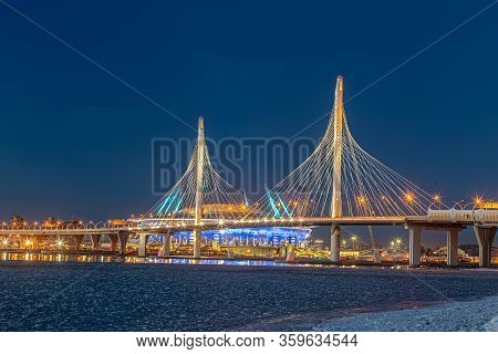St. Petersburg, Russia, March 30, 2020. Lakhta Center And The Whsd Bridge At Sunset, Blue-yellow Ref