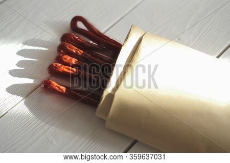 Biltong Or Jerked Meat. Traditional South African Dried Meat . Biltong Strips In Craft Pack.
