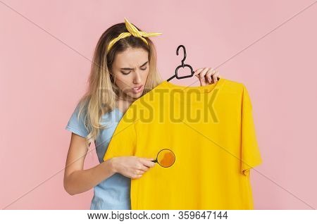 Find And Remove Stain On Clothes. Housewife With Magnifier, Free Space