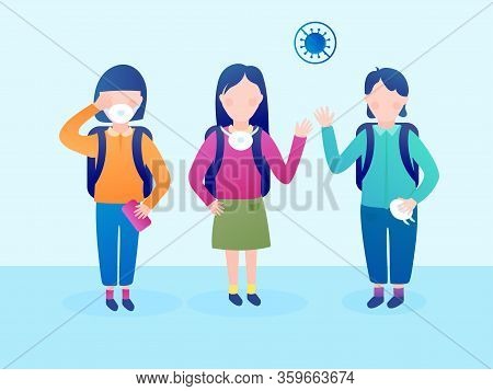 A Group Of Schoolchildren After A Coronavirus Pandemic. Children Began To Go To School And Be Afraid