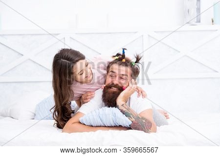 Family Traditions. Fathers Day With Daughter At Home. Daughter Creating Fathers Hair. Handsome Fathe