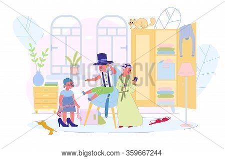 Happy Children Playing With Adults Clothes At Home. Little Fashionmonger On High Heals Shoes In Eyeg