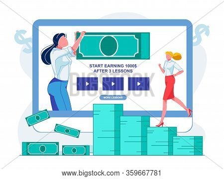 Inscription Start Earning 1000 After 3 Lessons. Piles Paper Money Are Lying Floor, Girl Runs Along T