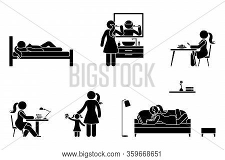 Stick Figure Woman Everyday Life Time Activities Vector Icon Set. Sleep, Brush Teeth, Eat, Sit At De