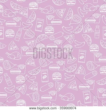 Seamless Food Pattern Sausage, Hamburger, Cheese, Pizza, French Fries, Chips, Hot Dog, Ham, Chicken 