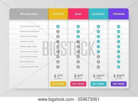 Pricing Tab. Comparison Pricing List, Services Cost Table. Menu Planning Compare Products With Tarif
