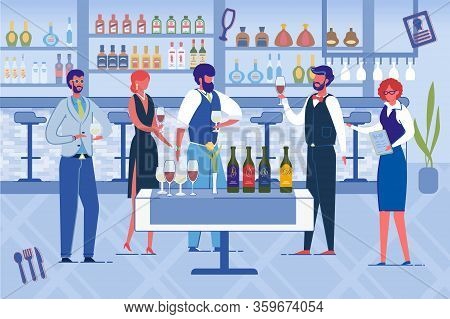 People Opening New Restaurant, Drinking Wine Flat Cartoon Vector Illustration. Workers Serving Table
