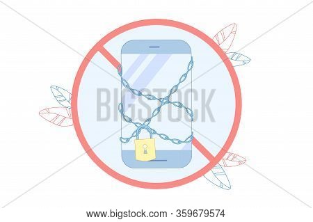 Smartphone Entangled In Chain With Lock, Vector. Refuse Daily Use Smartphone For While. Benefit Such