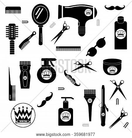 Barbershop Set Or Hairdresser Icon In Black Color Isolated On White Background. Vector Eps 10