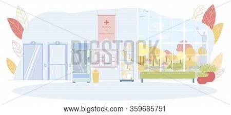 Empty Hall And Corridor Of University Interior. Hanging Flag, Schedule Or Annoucement Board, Food Ma