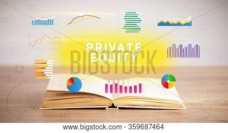 Open book with PRIVATE EQUITY inscription, new business concept