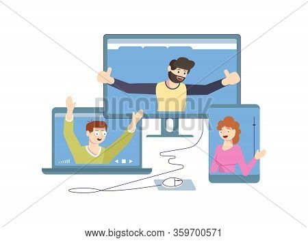 Self Isolation Period Or Quarantine Concept. People Stay At Home, Have Collective Virtual Meeting Fo