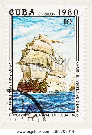 Seattle Washington - April 2, 2020: Close Up Of Historic Santisima Trinidad Ship On Cuban Postage St