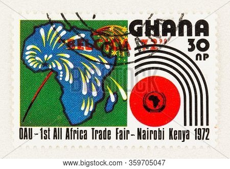 Seattle Washington - April 3, 2020: Close Up Of Ghana Stamp, Overprint With Belgica 72,  Commemorati