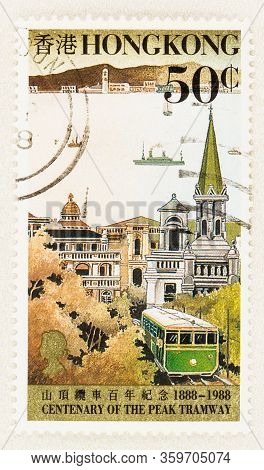 Seattle Washington - April 3, 2020: Close Up Of Hong Kong Stamp Commemorating 100 Years Of The Peak 