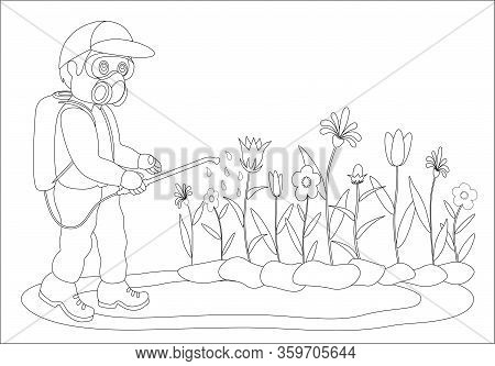 Coloring Book Of Boy Spraying Disinfectant For Children