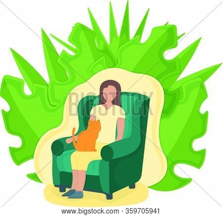 Woman Sitting On Armchair With Cat In Arms With Leaf Background, Female Character Rest, Relax. Isola