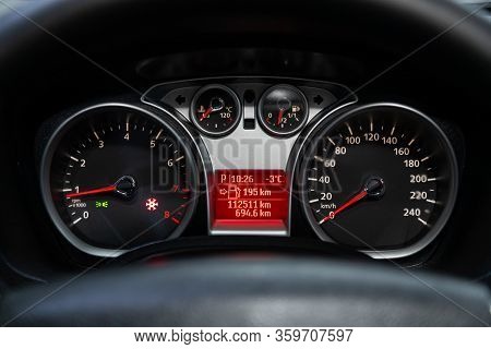 Novosibirsk, Russia - March 04, 2020:   Ford Kuga,  Ound Speedometer, Odometer With A Range Of 112 T