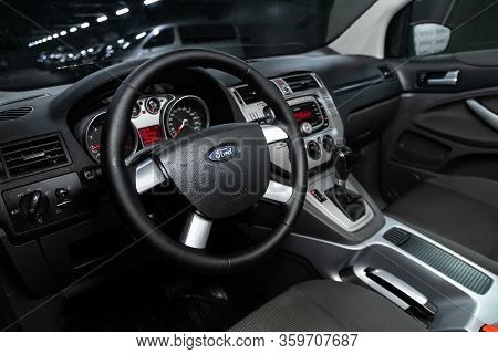Novosibirsk, Russia - March 04, 2020:   Ford Kuga,  Car Interior - Steering Wheel, Shift Lever, Play
