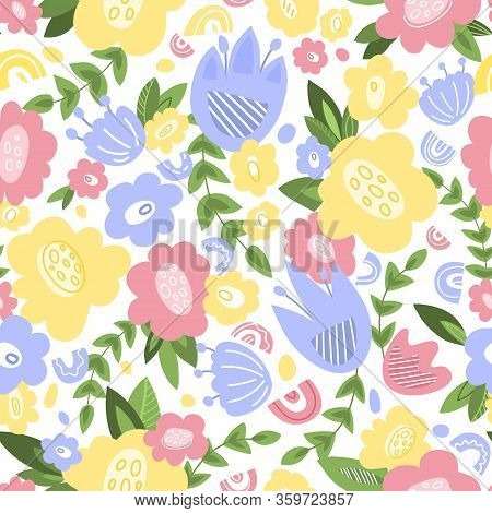 Floral Seamless Pattern - Flowers And Leaves Hand Drawn, Surface Design With Botanical Elements, Col