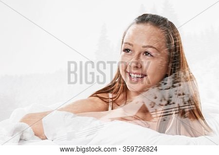 Young Girl Laying In Bedroom At Early Morning, On Lightgray Background, Double Multiple Exposure Eff