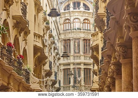 Classic Historical Antique Buildings Facades Passageway In Albacete. Spain
