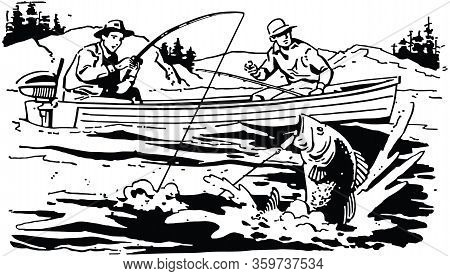 Two Men Bass Fishing - Landing The Big One