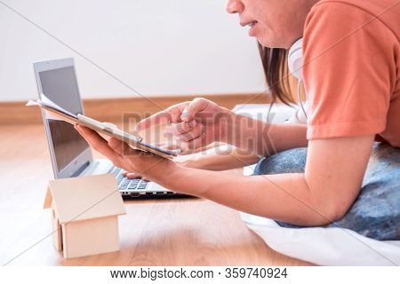 Wfh: Caucasian Asian Love Couple Work From Home During The Coronavirus Crisis. Social Distancing And