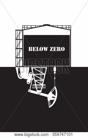 Oil Prices Crash Below Zero Concept Vector Illustration. Pumpjack Pumps Out Petroleum From The Stora