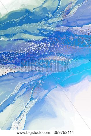 Turquoise Swirt Ocean Background. Watrcolor Alcohol Ink Marble Pattern, Blue Paint Ink Art. Liquid F