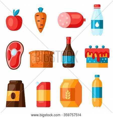 Supermarket Food Departments Icons. Grocery Illustration In Flat Style.