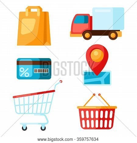 Supermarket Selfservice And Delivery Icons. Grocery Illustration In Flat Style.