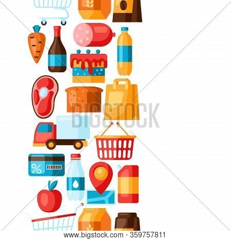 Supermarket Seamless Pattern With Food Icons. Grocery Illustration In Flat Style.