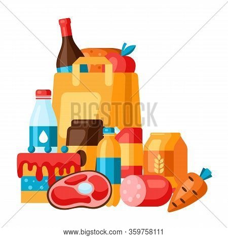 Supermarket Illustration Of Food And Package. Grocery Background In Flat Style.