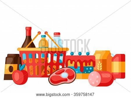 Supermarket Shopping Basket Full Of Products. Grocery Illustration In Flat Style.