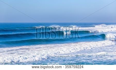 Ocean Sea Waves Rolling Towards Beach Crashing Braking Along Shallow Reefs Andd Sandbar A Scenic  Co